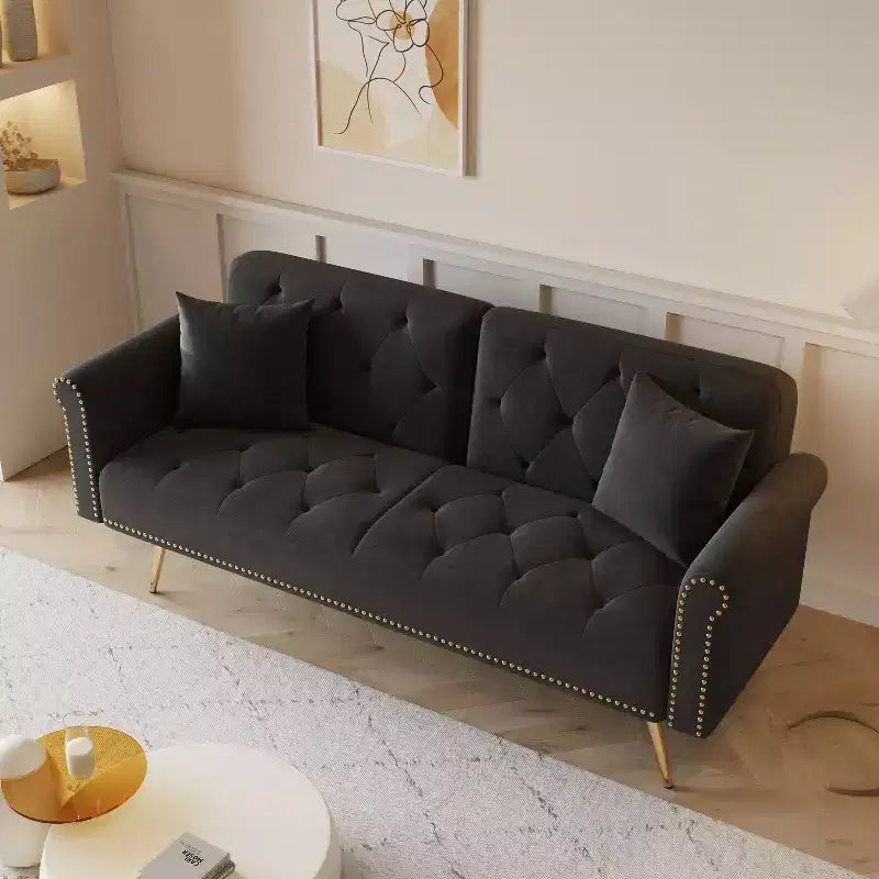 GDFStudio Ubon Modern 70 Wooden Velvet Upholstered Sofa Bed with Nail Head Trim and Throw Pillow