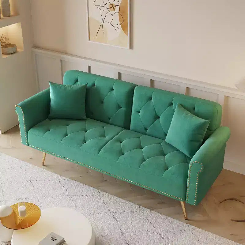 GDFStudio Ubon Modern 70 Wooden Velvet Upholstered Sofa Bed with Nail Head Trim and Throw Pillow