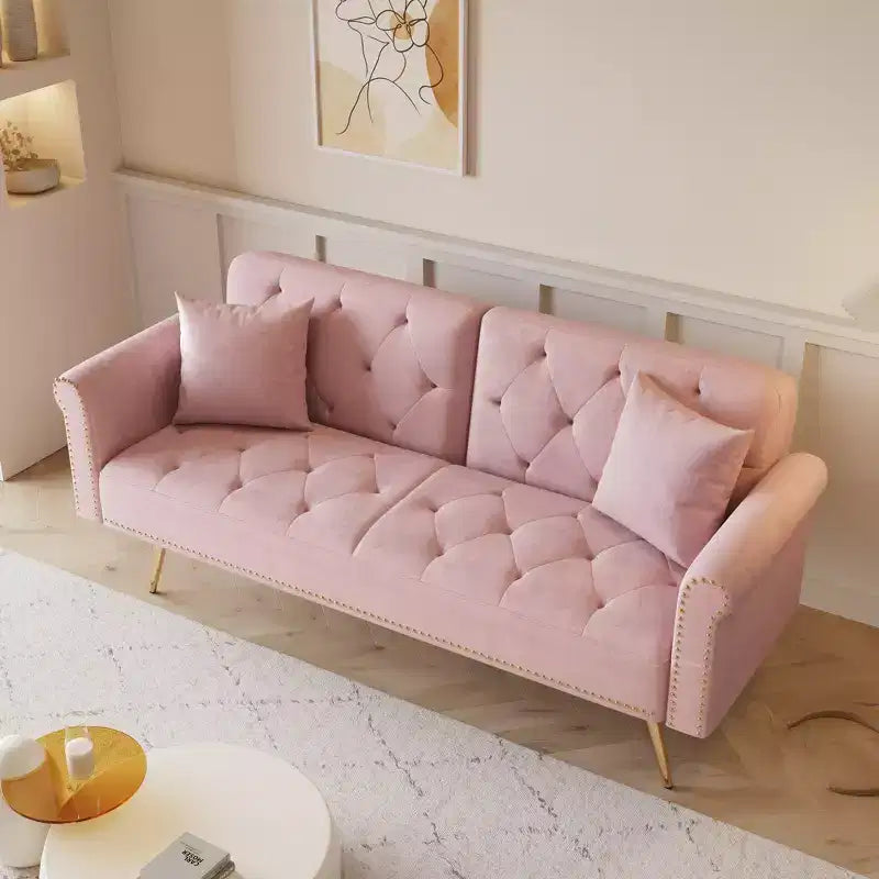 GDFStudio Ubon Modern 70 Wooden Velvet Upholstered Sofa Bed with Nail Head Trim and Throw Pillow