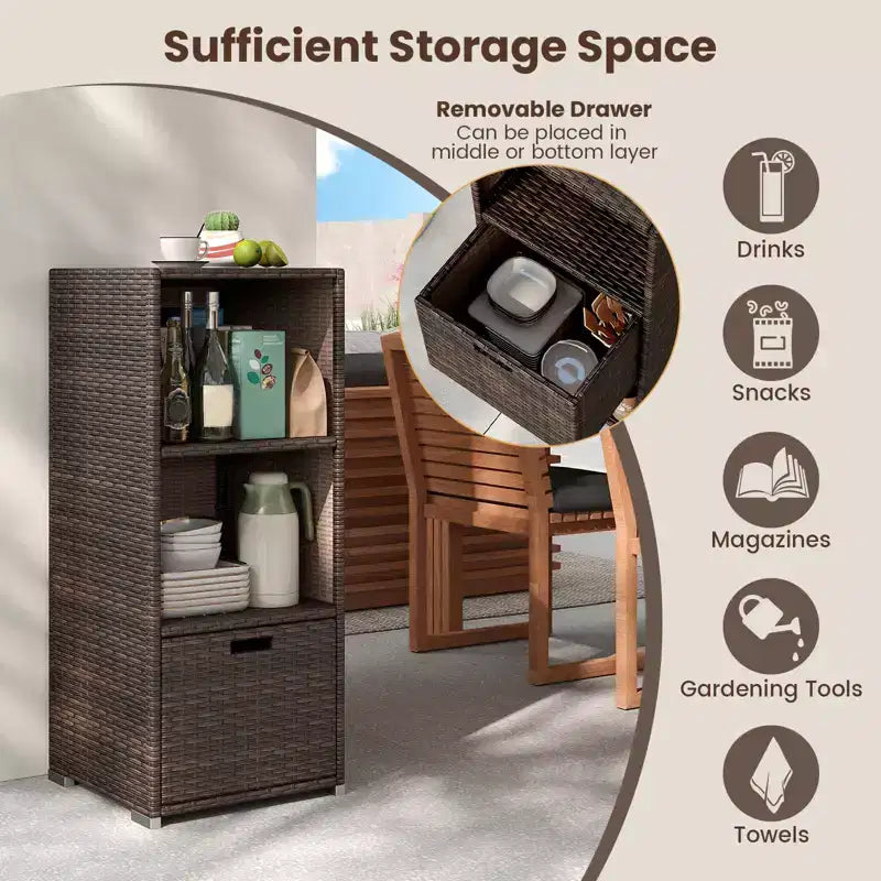 Costway Outdoor Storage Cabinet with Storage Shelves & Removable Drawer for Porch Mix Brown/Black/Gray