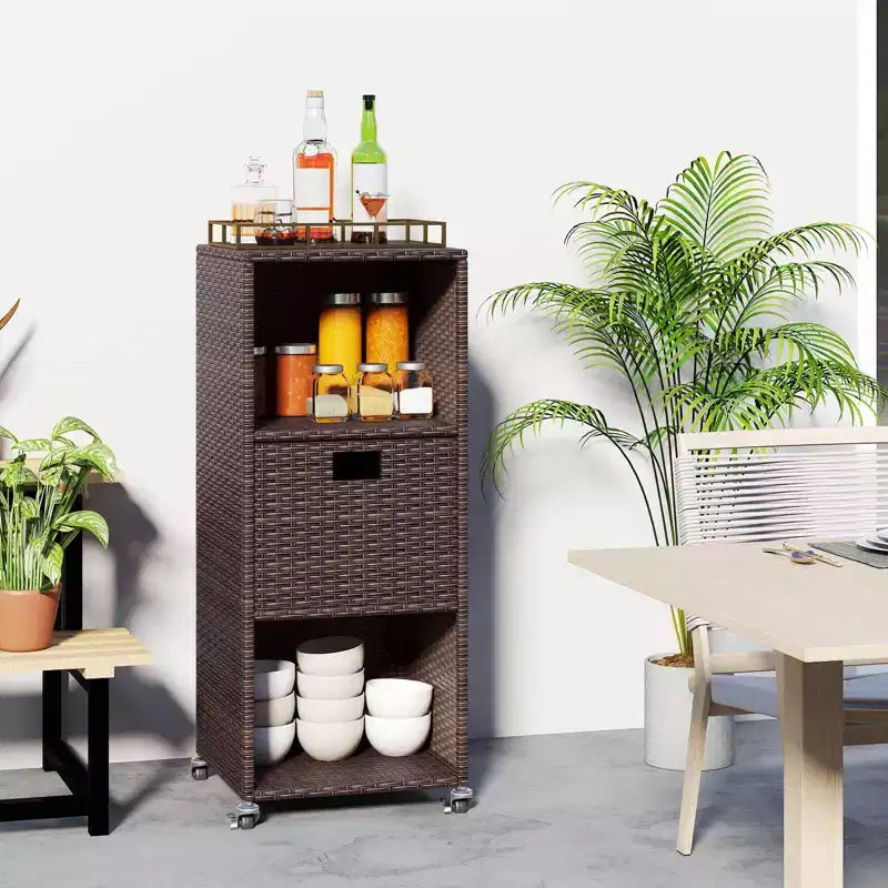 Costway Outdoor Storage Cabinet with Storage Shelves & Removable Drawer for Porch Mix Brown/Black/Gray