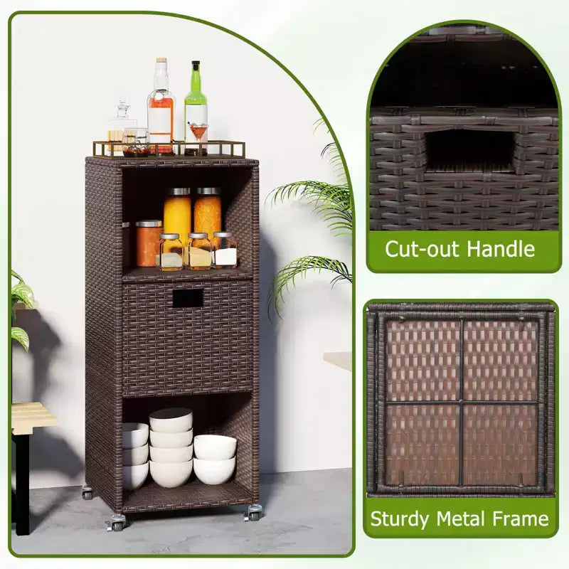 Costway Outdoor Storage Cabinet with Storage Shelves & Removable Drawer for Porch Mix Brown/Black/Gray
