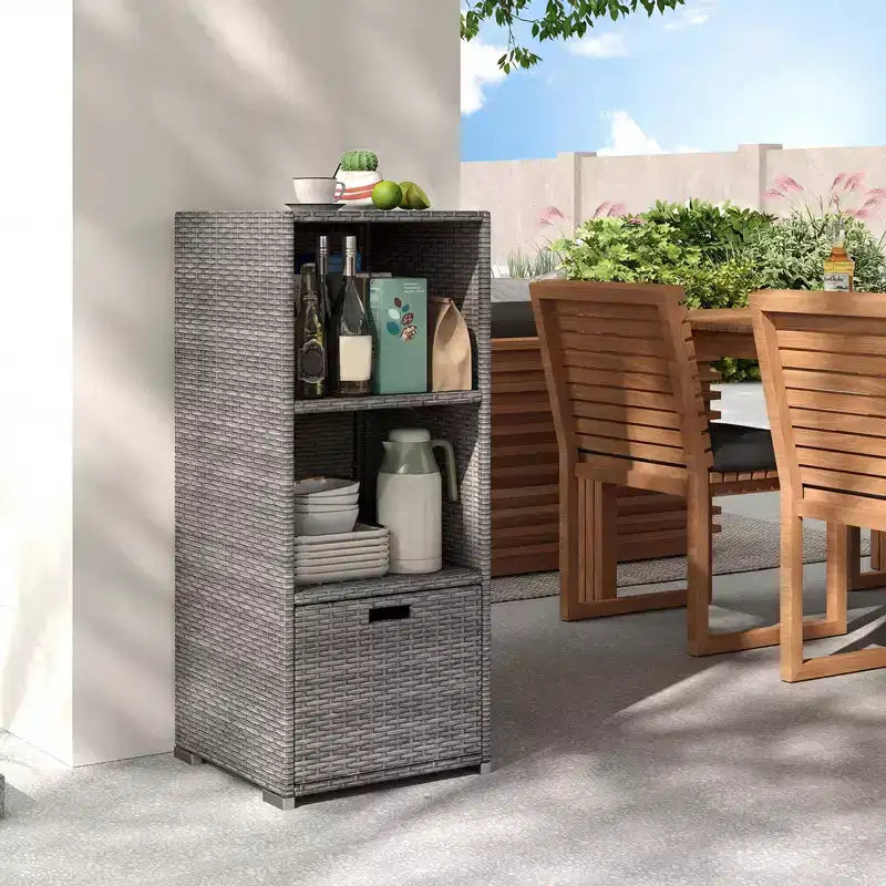Costway Outdoor Storage Cabinet with Storage Shelves & Removable Drawer for Porch Mix Brown/Black/Gray