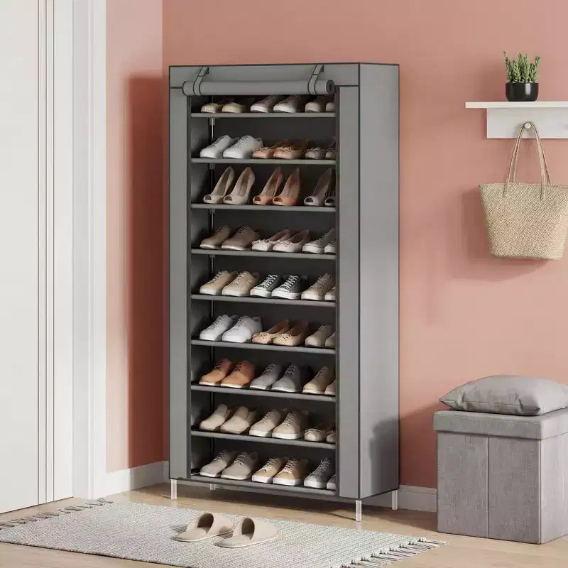 9-Tier Shoe Rack with Dustproof Cover, Tall Freestanding Shoe Storage Organizer for Closet & Entryway, Holds 40-50 Pairs, Gray