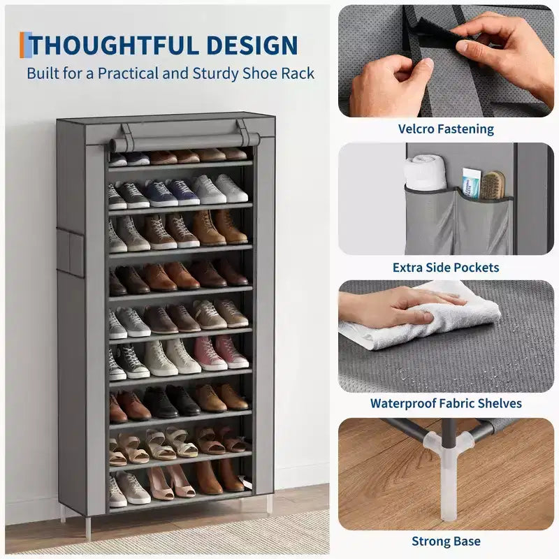 9-Tier Shoe Rack with Dustproof Cover, Tall Freestanding Shoe Storage Organizer for Closet & Entryway, Holds 40-50 Pairs, Gray