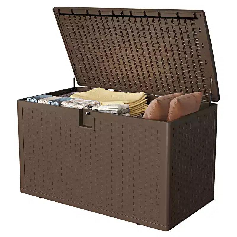 120 Gallon Waterproof Lockable Resin Outdoor Storage Box, Weatherproof Rattan Style with Side Handles, for Patio Furniture, Garden Tools