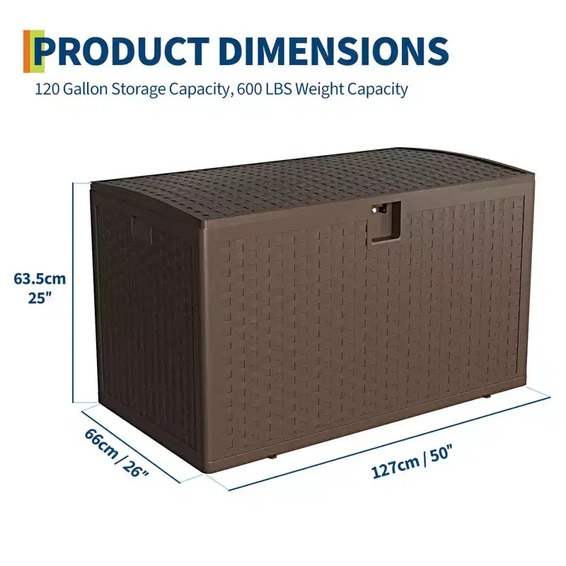 120 Gallon Waterproof Lockable Resin Outdoor Storage Box, Weatherproof Rattan Style with Side Handles, for Patio Furniture, Garden Tools
