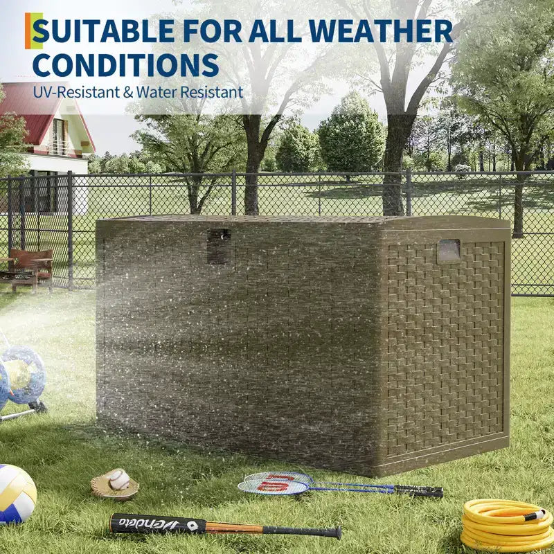 120 Gallon Waterproof Lockable Resin Outdoor Storage Box, Weatherproof Rattan Style with Side Handles, for Patio Furniture, Garden Tools