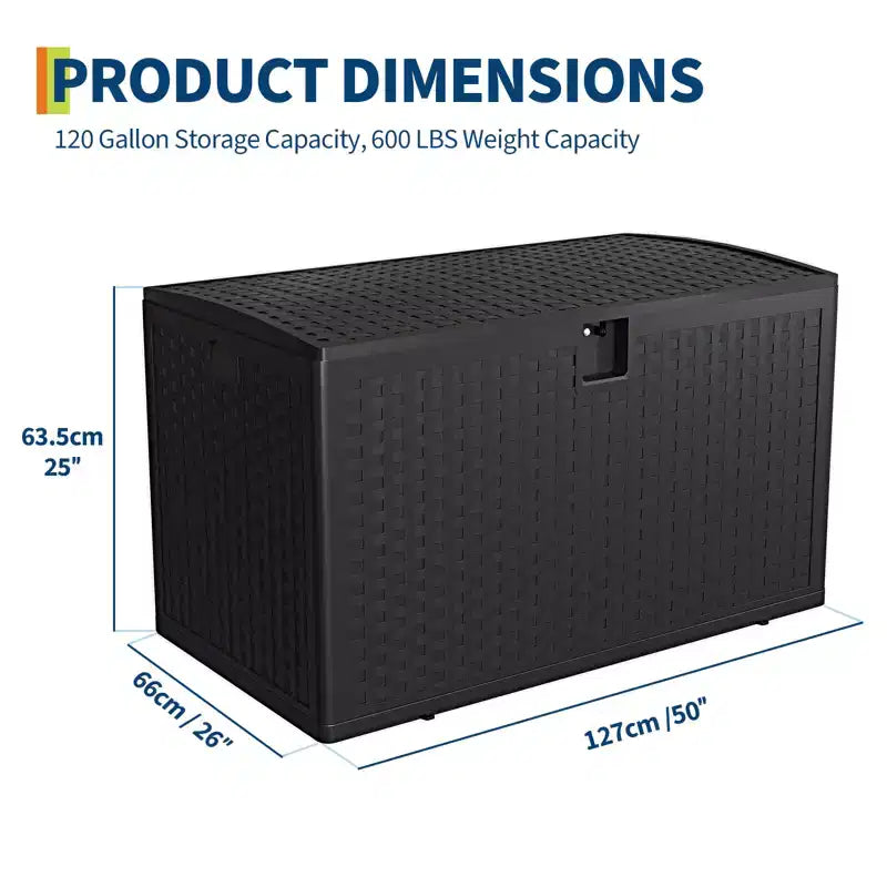 120 Gallon Waterproof Lockable Resin Outdoor Storage Box, Weatherproof Rattan Style with Side Handles, for Patio Furniture, Garden Tools