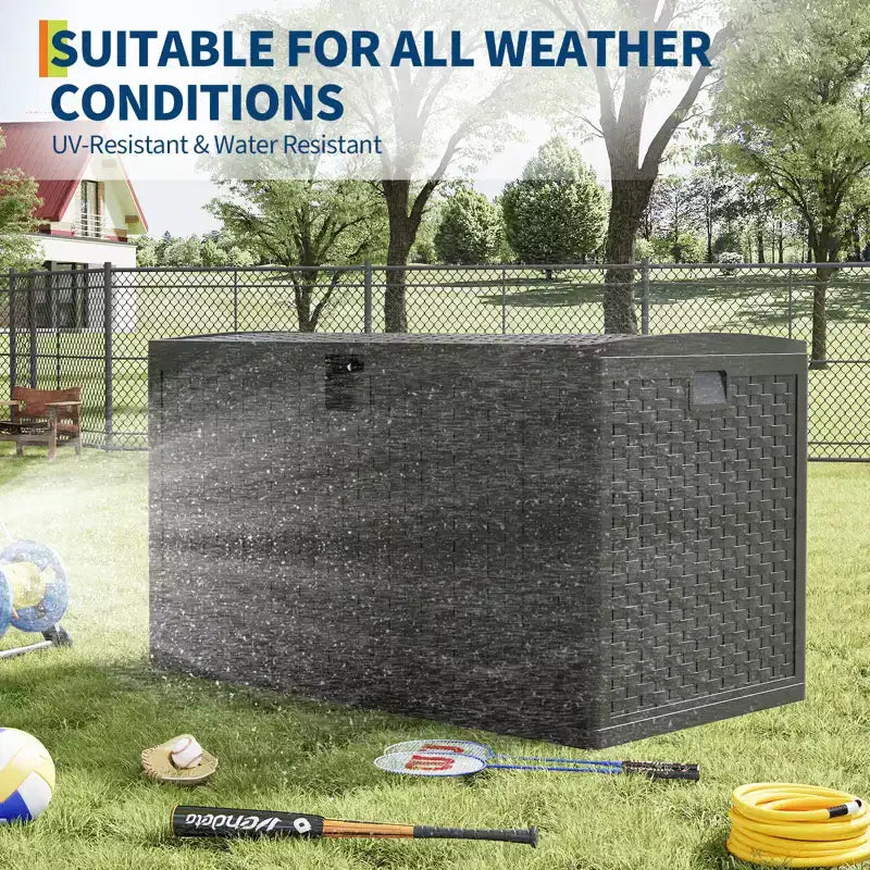 120 Gallon Waterproof Lockable Resin Outdoor Storage Box, Weatherproof Rattan Style with Side Handles, for Patio Furniture, Garden Tools