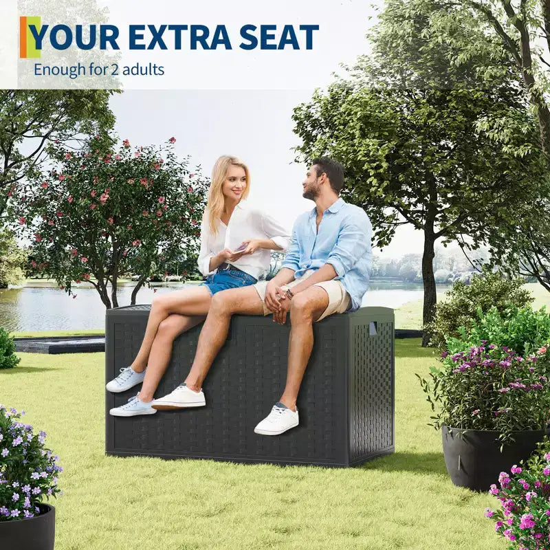 120 Gallon Waterproof Lockable Resin Outdoor Storage Box, Weatherproof Rattan Style with Side Handles, for Patio Furniture, Garden Tools