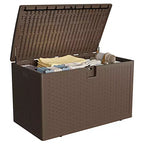 120 Gallon Waterproof Lockable Resin Outdoor Storage Box, Weatherproof Rattan Style with Side Handles, for Patio Furniture, Garden Tools