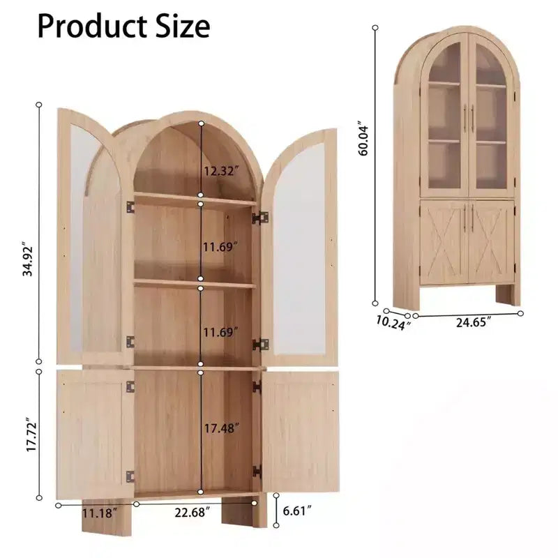 60-inch high arched kitchen cabinet with adjustable shelves and 4 large drawers, a multi-functional kitchen storage cabinet.