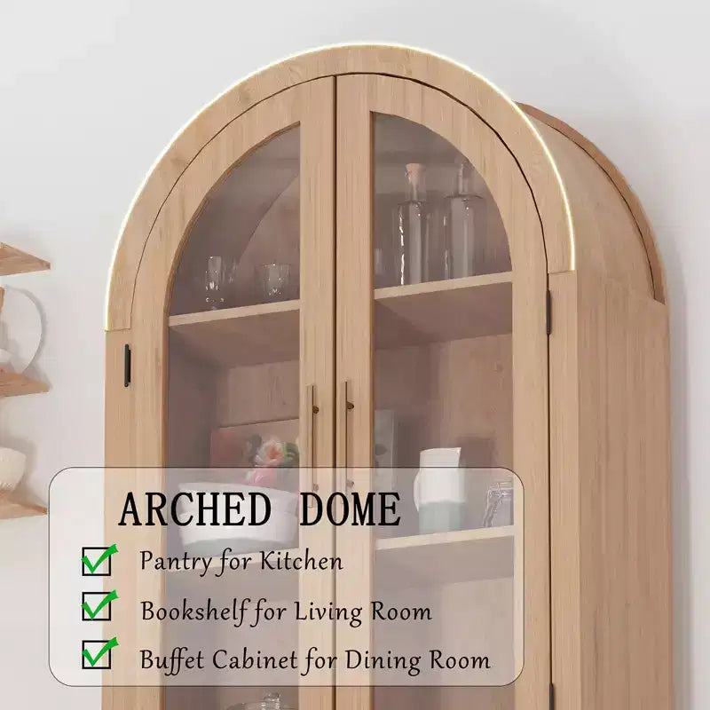 60-inch high arched kitchen cabinet with adjustable shelves and 4 large drawers, a multi-functional kitchen storage cabinet.