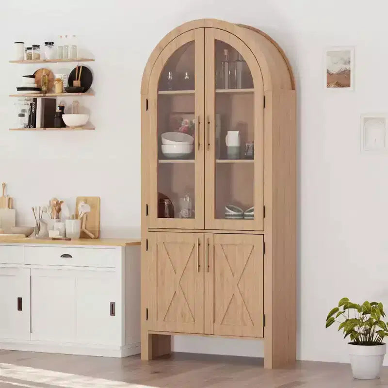 60-inch high arched kitchen cabinet with adjustable shelves and 4 large drawers, a multi-functional kitchen storage cabinet.