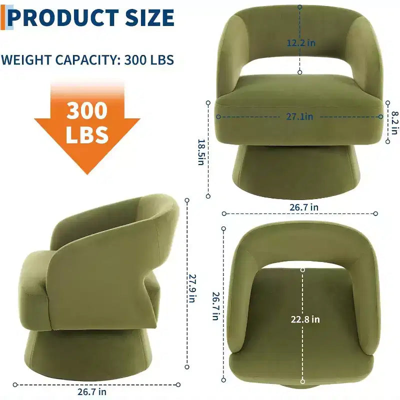 DobleePy Velvet Swivel Accent Chair with Open Back & Tapered Base, 360 Rotating Upholstered Armchair for Living Room, Lounge Chair