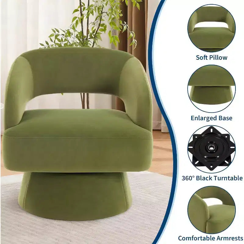 DobleePy Velvet Swivel Accent Chair with Open Back & Tapered Base, 360 Rotating Upholstered Armchair for Living Room, Lounge Chair