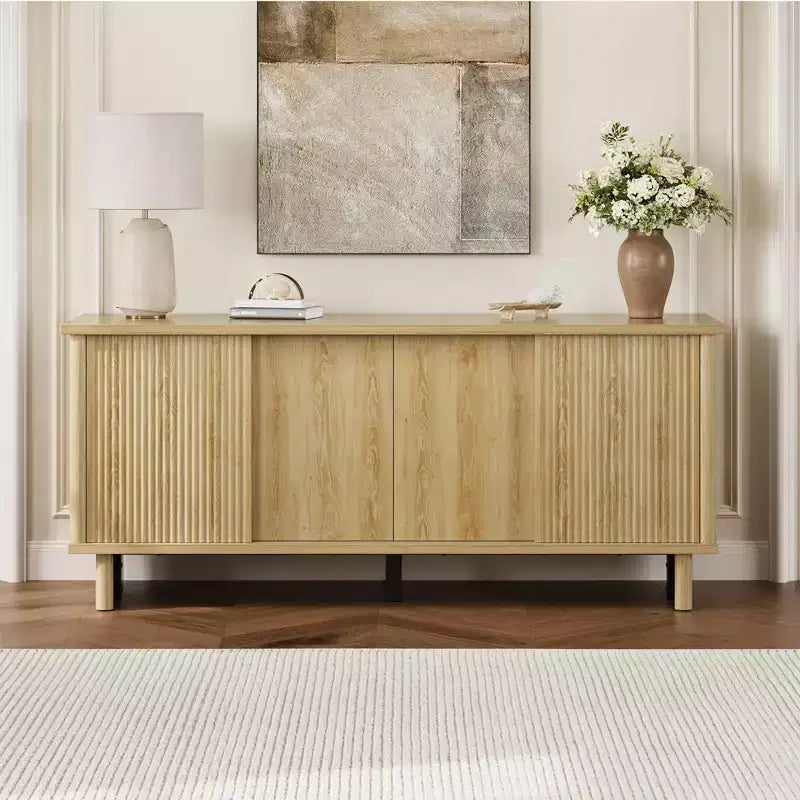 Bestier 58 TV Stand for 45/55/60/65 TV, Mid-Century TV Cabinet with Sliding Doors, TV Media Console with Storage for Living Room & Bedroom