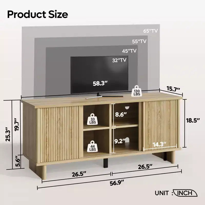 Bestier 58 TV Stand for 45/55/60/65 TV, Mid-Century TV Cabinet with Sliding Doors, TV Media Console with Storage for Living Room & Bedroom