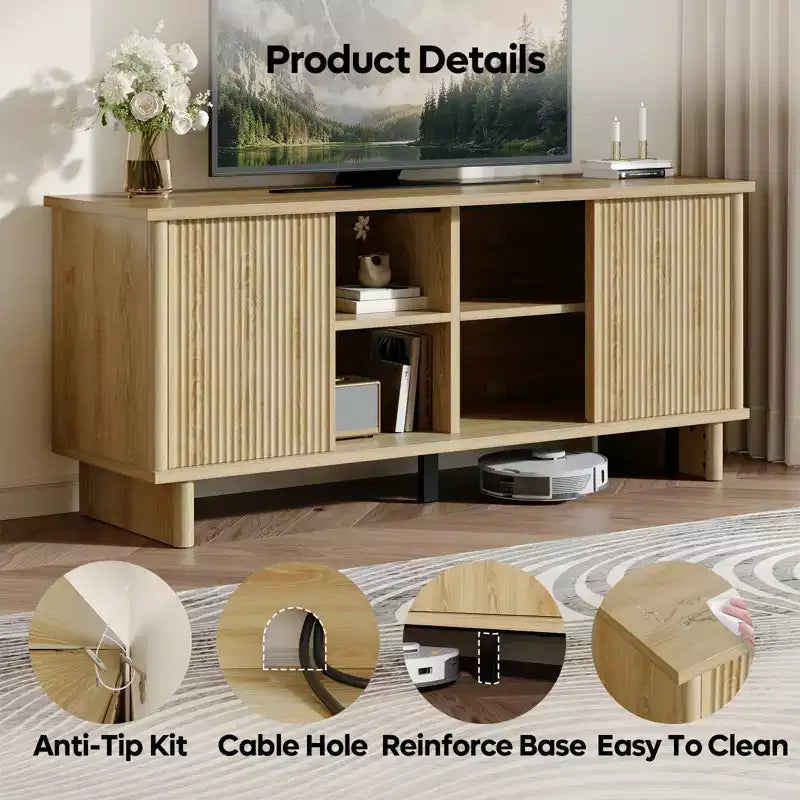 Bestier 58 TV Stand for 45/55/60/65 TV, Mid-Century TV Cabinet with Sliding Doors, TV Media Console with Storage for Living Room & Bedroom