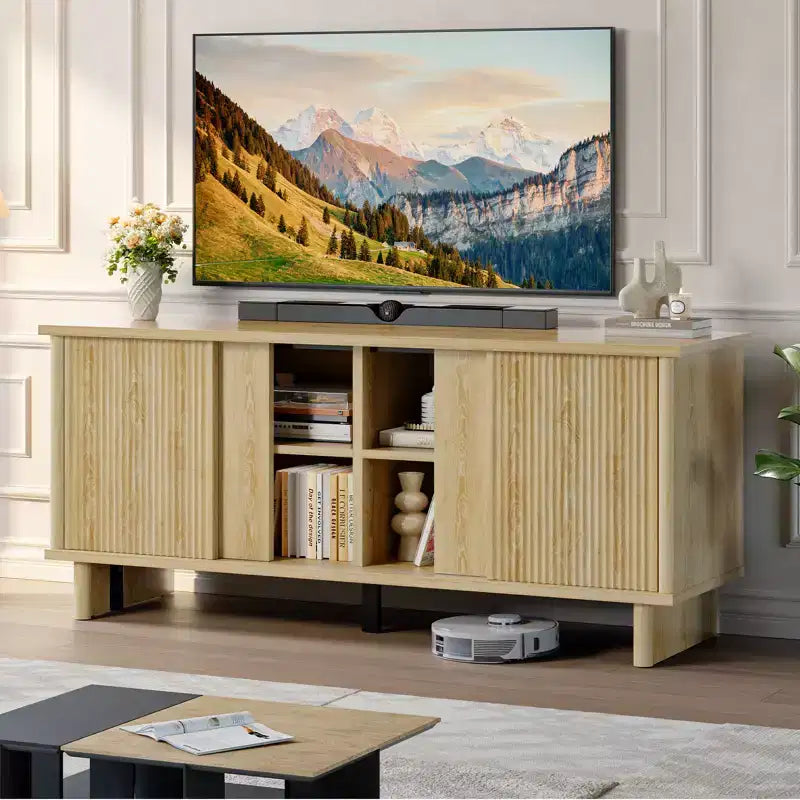 Bestier 58 TV Stand for 45/55/60/65 TV, Mid-Century TV Cabinet with Sliding Doors, TV Media Console with Storage for Living Room & Bedroom