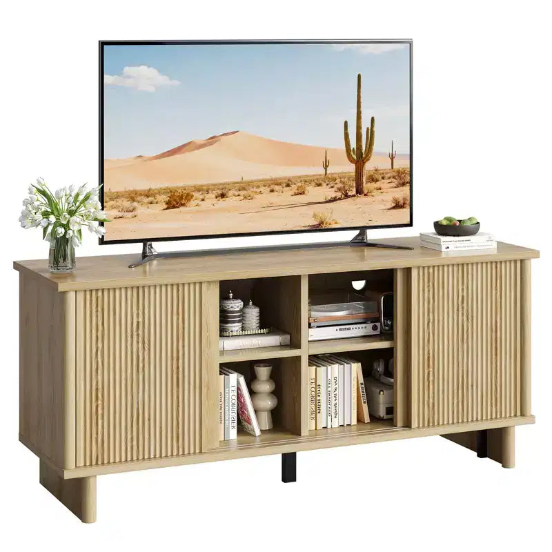 Bestier 58 TV Stand for 45/55/60/65 TV, Mid-Century TV Cabinet with Sliding Doors, TV Media Console with Storage for Living Room & Bedroom