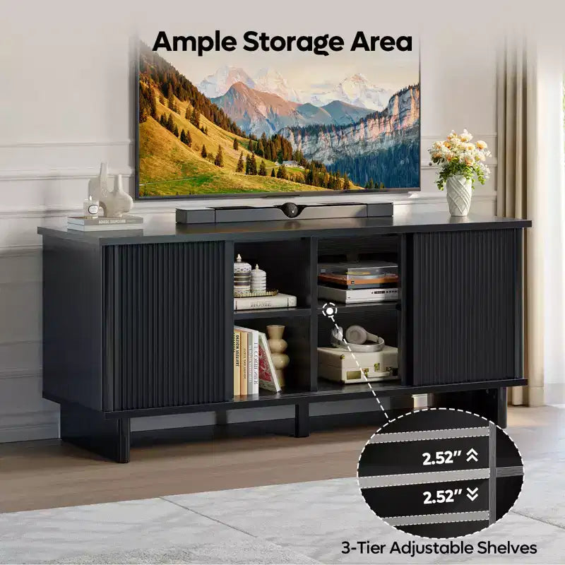 Bestier 58 TV Stand for 45/55/60/65 TV, Mid-Century TV Cabinet with Sliding Doors, TV Media Console with Storage for Living Room & Bedroom