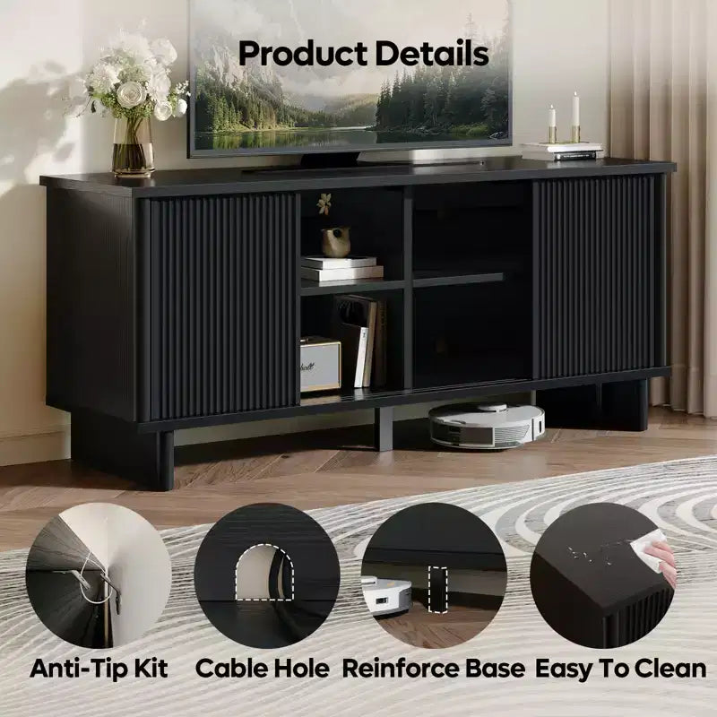Bestier 58 TV Stand for 45/55/60/65 TV, Mid-Century TV Cabinet with Sliding Doors, TV Media Console with Storage for Living Room & Bedroom
