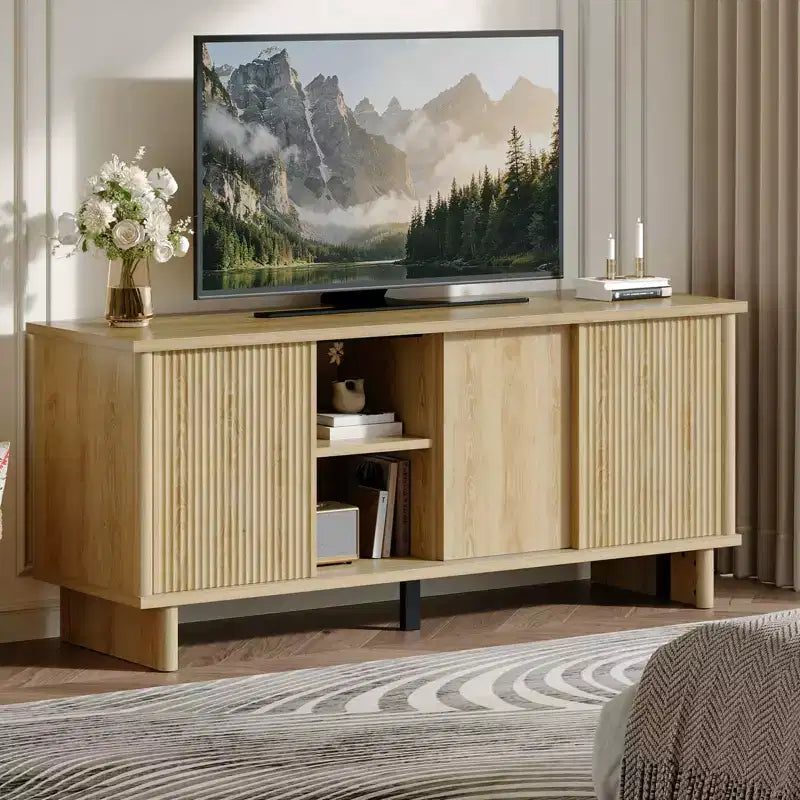 Bestier 58 TV Stand for 45/55/60/65 TV, Mid-Century TV Cabinet with Sliding Doors, TV Media Console with Storage for Living Room & Bedroom
