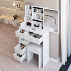 JVNOXK 29.2 Compact Vanity Dresser + Cushioned Stool, Left Drawer, Extra Large Sliding Mirror, Multi-Layer Storage for Small Space