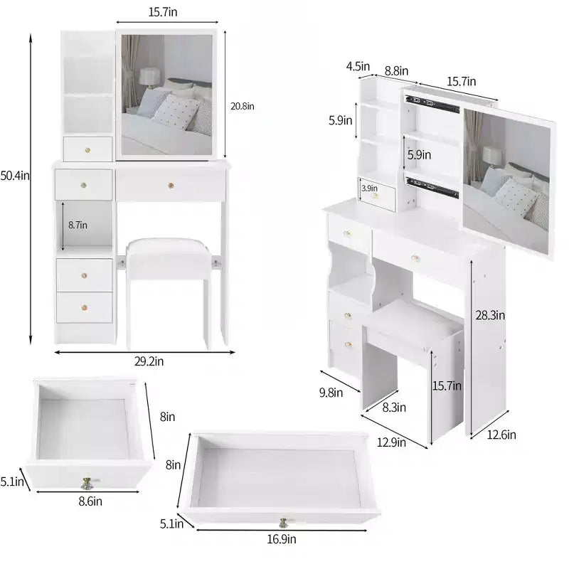 JVNOXK 29.2 Compact Vanity Dresser + Cushioned Stool, Left Drawer, Extra Large Sliding Mirror, Multi-Layer Storage for Small Space
