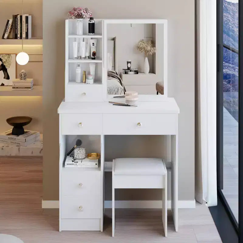 JVNOXK 29.2 Compact Vanity Dresser + Cushioned Stool, Left Drawer, Extra Large Sliding Mirror, Multi-Layer Storage for Small Space