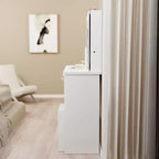 JVNOXK 29.2 Compact Vanity Dresser + Cushioned Stool, Left Drawer, Extra Large Sliding Mirror, Multi-Layer Storage for Small Space
