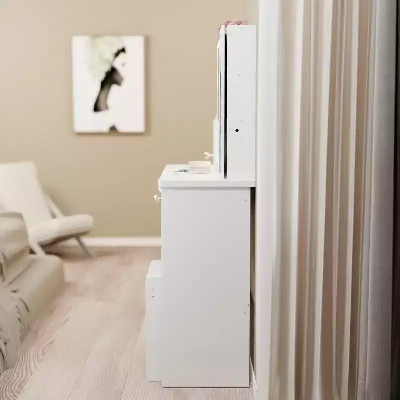 JVNOXK 29.2 Compact Vanity Dresser + Cushioned Stool, Left Drawer, Extra Large Sliding Mirror, Multi-Layer Storage for Small Space