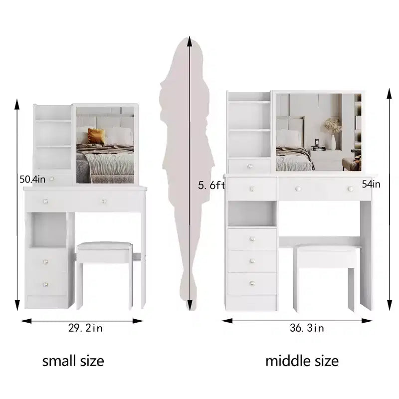 JVNOXK 29.2 Compact Vanity Dresser + Cushioned Stool, Left Drawer, Extra Large Sliding Mirror, Multi-Layer Storage for Small Space