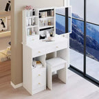 JVNOXK 29.2 Compact Vanity Dresser + Cushioned Stool, Left Drawer, Extra Large Sliding Mirror, Multi-Layer Storage for Small Space
