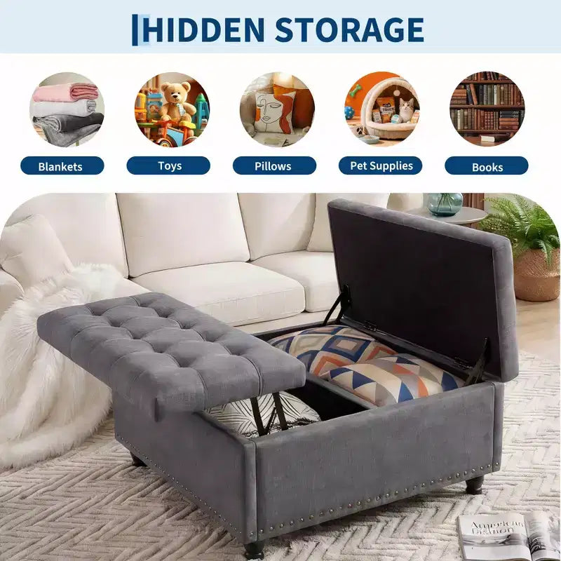 35.5'' Storage Ottoman Bench, Tufted Upholstered Coffee Table Bench with Lift Top, Multi-Functional Square Footrest for Hallway Living Room Bedroom