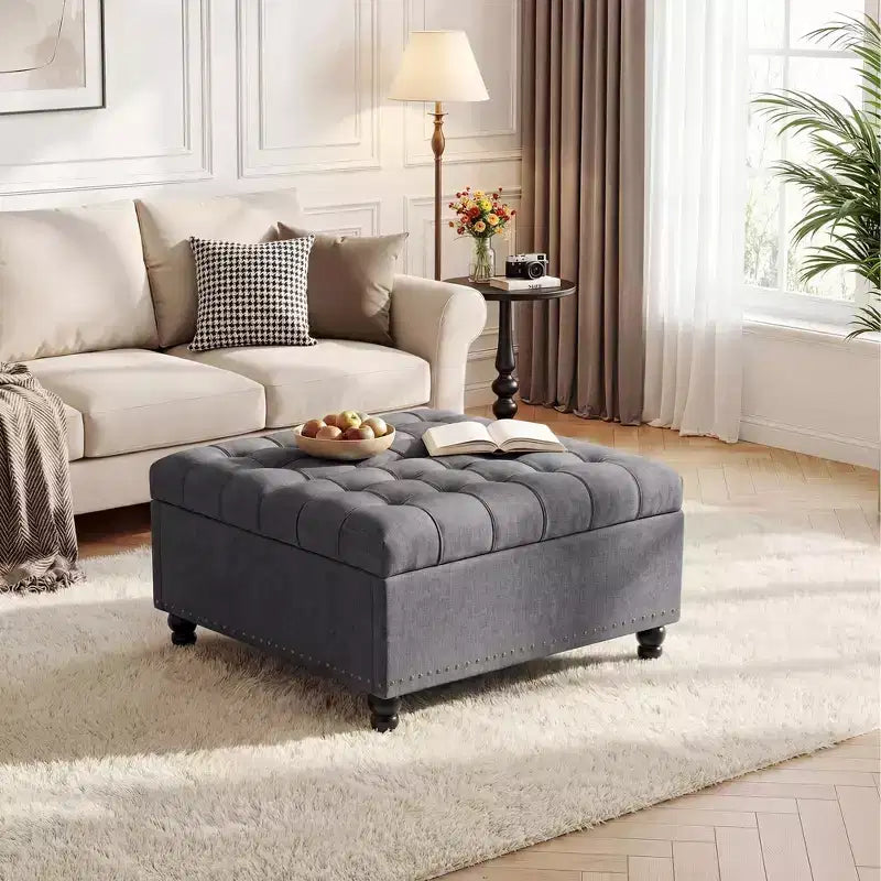 35.5'' Storage Ottoman Bench, Tufted Upholstered Coffee Table Bench with Lift Top, Multi-Functional Square Footrest for Hallway Living Room Bedroom