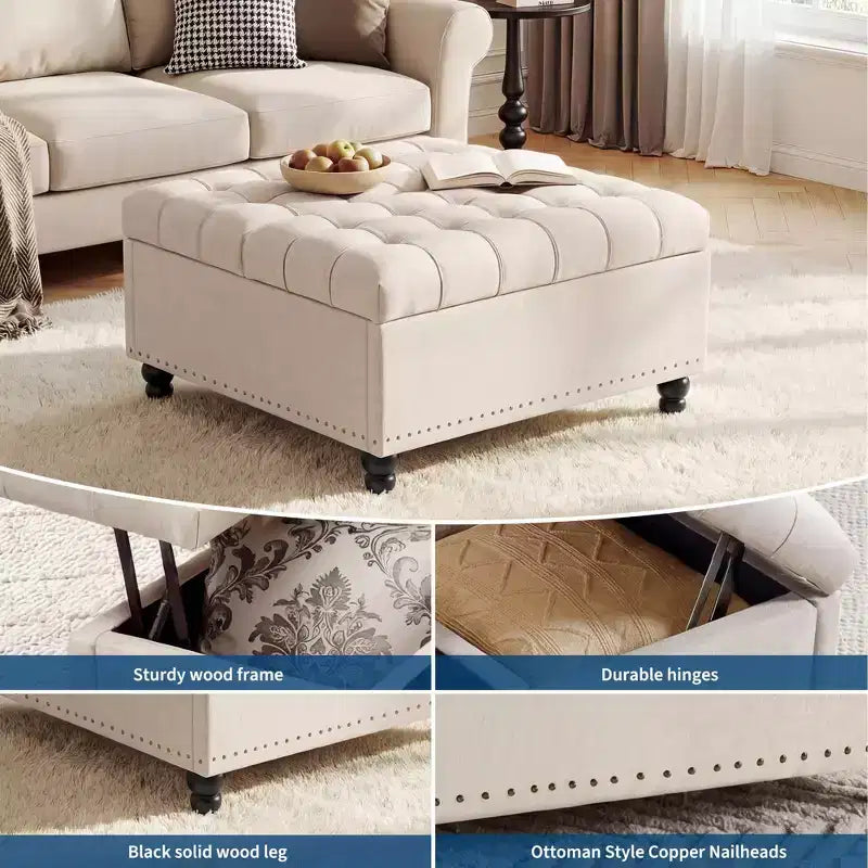 35.5'' Storage Ottoman Bench, Tufted Upholstered Coffee Table Bench with Lift Top, Multi-Functional Square Footrest for Hallway Living Room Bedroom