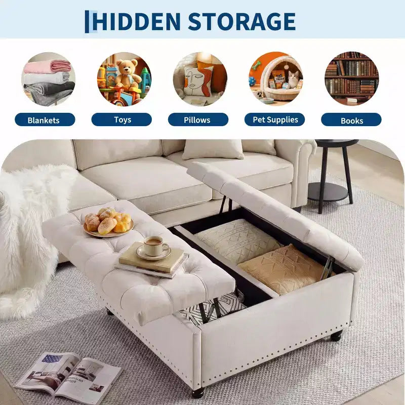 35.5'' Storage Ottoman Bench, Tufted Upholstered Coffee Table Bench with Lift Top, Multi-Functional Square Footrest for Hallway Living Room Bedroom