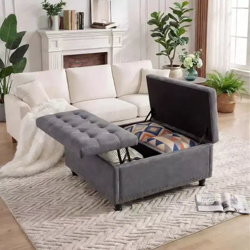 35.5'' Storage Ottoman Bench, Tufted Upholstered Coffee Table Bench with Lift Top, Multi-Functional Square Footrest for Hallway Living Room Bedroom