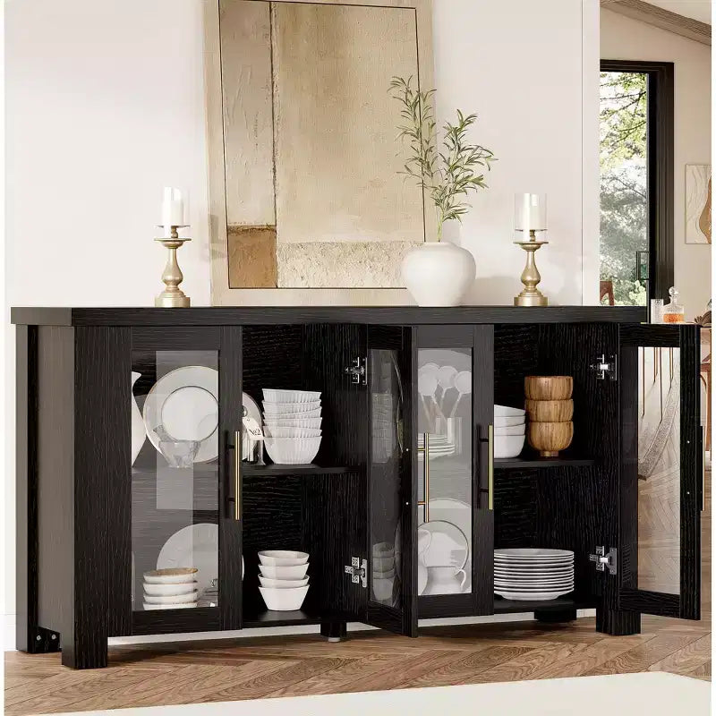 COZONY Buffet Cabinet with Tempered Glass Doors, Wood Sideboard Storage Cabinet for Dining Room Living Room Kitchen
