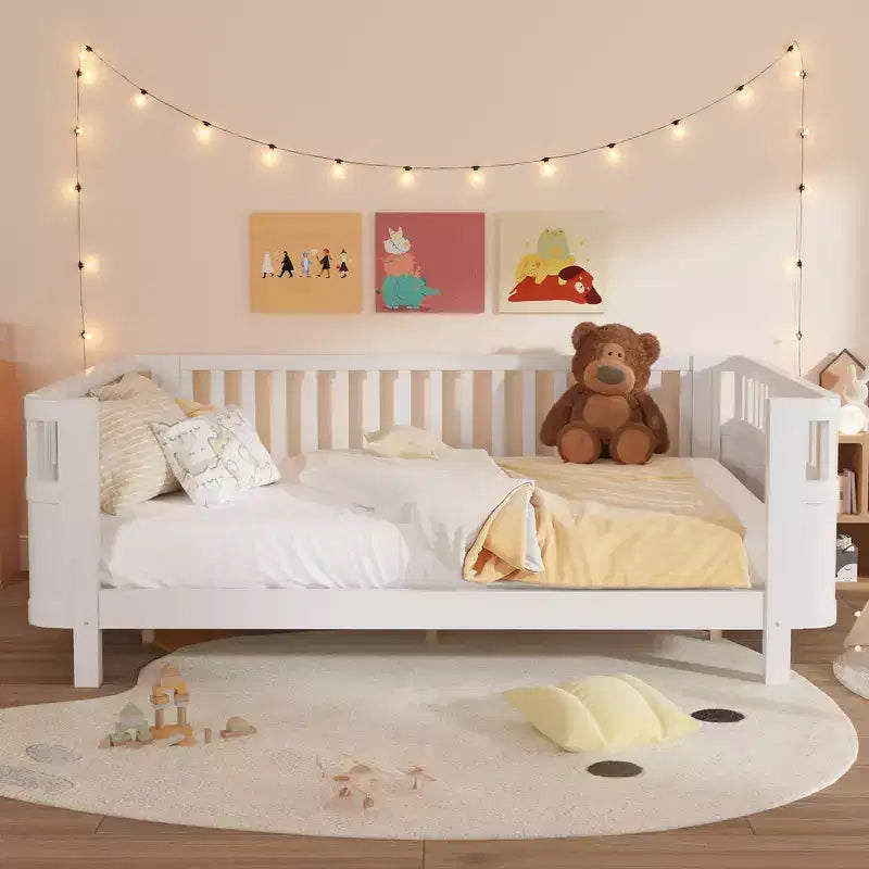 Whisen Queen Size Wood Platform Bed Frame, Wood Low Profile Queen Bed with Rails and Fence Guardrails for Girls and Boys