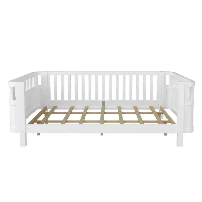 Whisen Queen Size Wood Platform Bed Frame, Wood Low Profile Queen Bed with Rails and Fence Guardrails for Girls and Boys