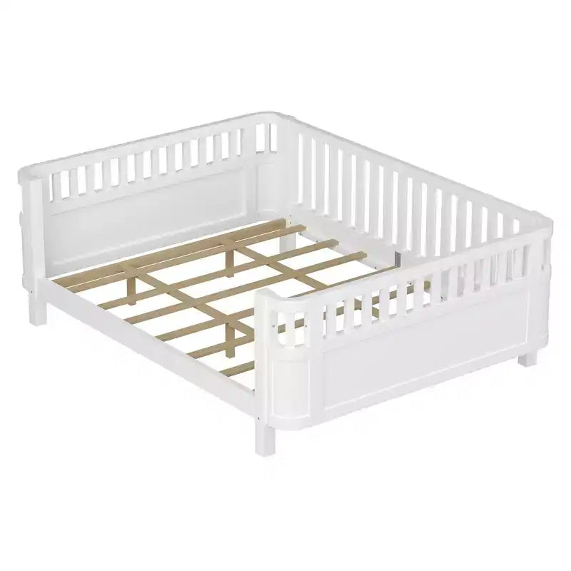 Whisen Queen Size Wood Platform Bed Frame, Wood Low Profile Queen Bed with Rails and Fence Guardrails for Girls and Boys