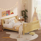 Whisen Queen Size Wood Platform Bed Frame, Wood Low Profile Queen Bed with Rails and Fence Guardrails for Girls and Boys
