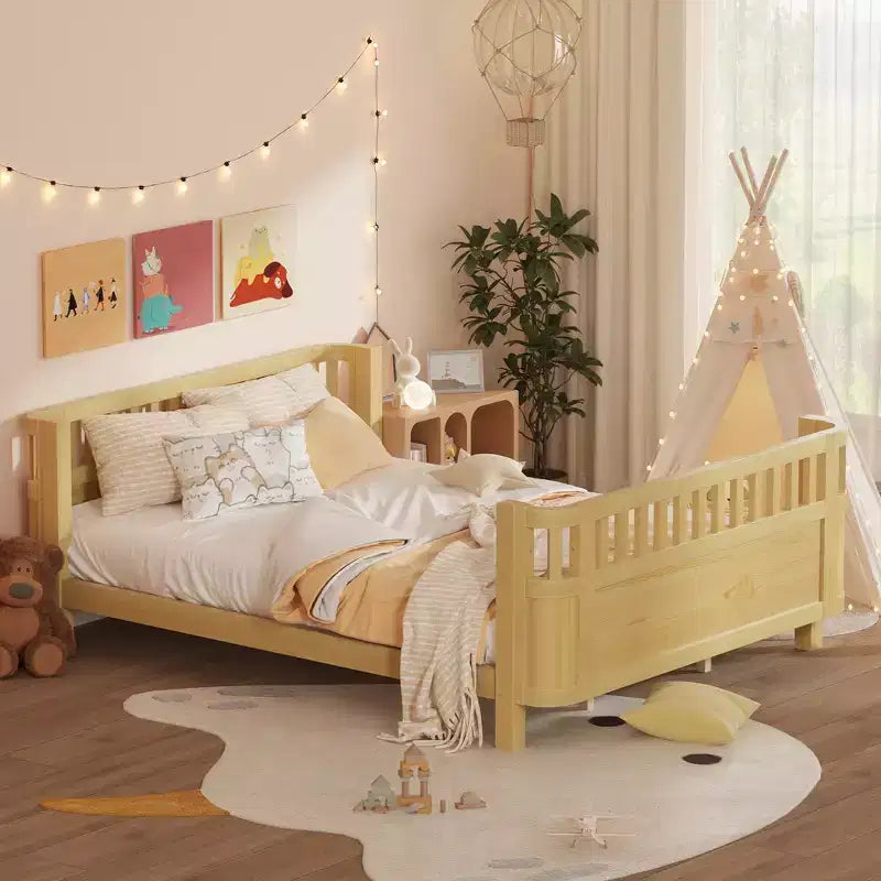 Whisen Queen Size Wood Platform Bed Frame, Wood Low Profile Queen Bed with Rails and Fence Guardrails for Girls and Boys