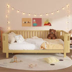Whisen Queen Size Wood Platform Bed Frame, Wood Low Profile Queen Bed with Rails and Fence Guardrails for Girls and Boys