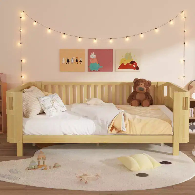 Whisen Queen Size Wood Platform Bed Frame, Wood Low Profile Queen Bed with Rails and Fence Guardrails for Girls and Boys