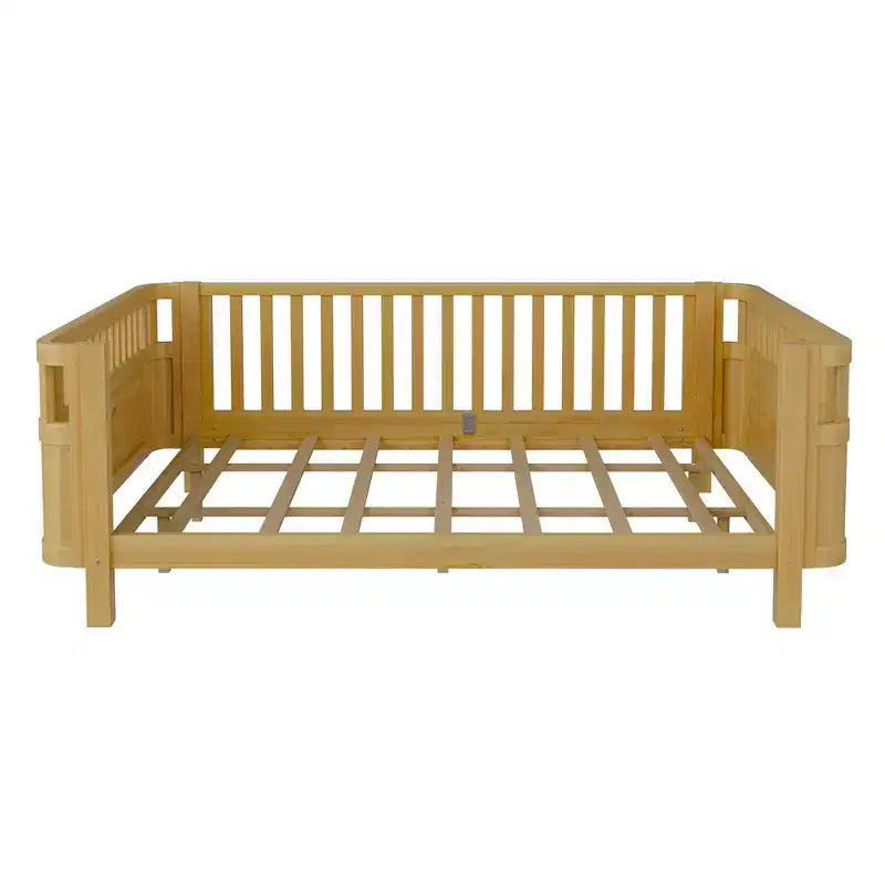 Whisen Queen Size Wood Platform Bed Frame, Wood Low Profile Queen Bed with Rails and Fence Guardrails for Girls and Boys